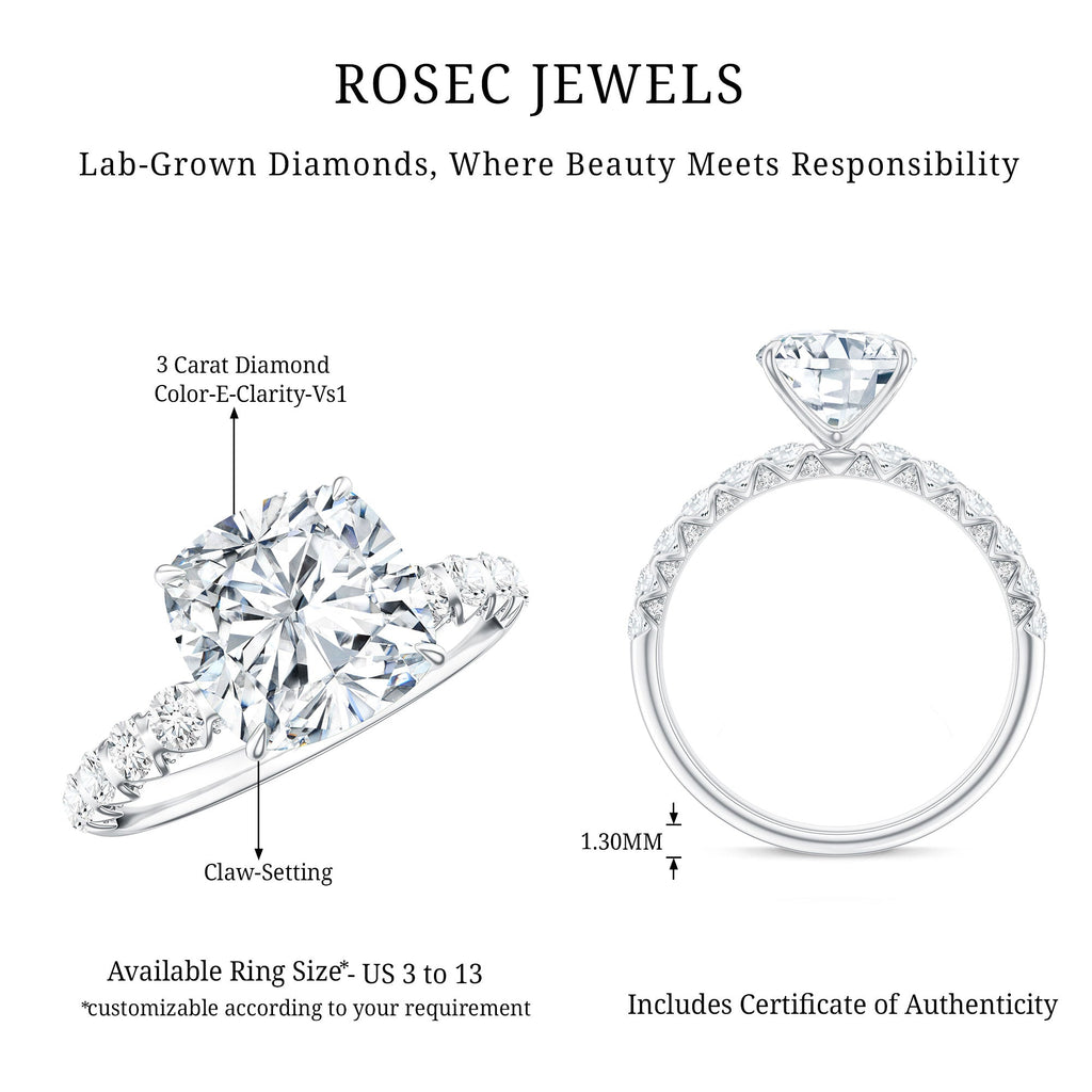 3 Carat IGI Certified Lab Grown Diamond Cushion Cut Engagement Ring with Side Stones
