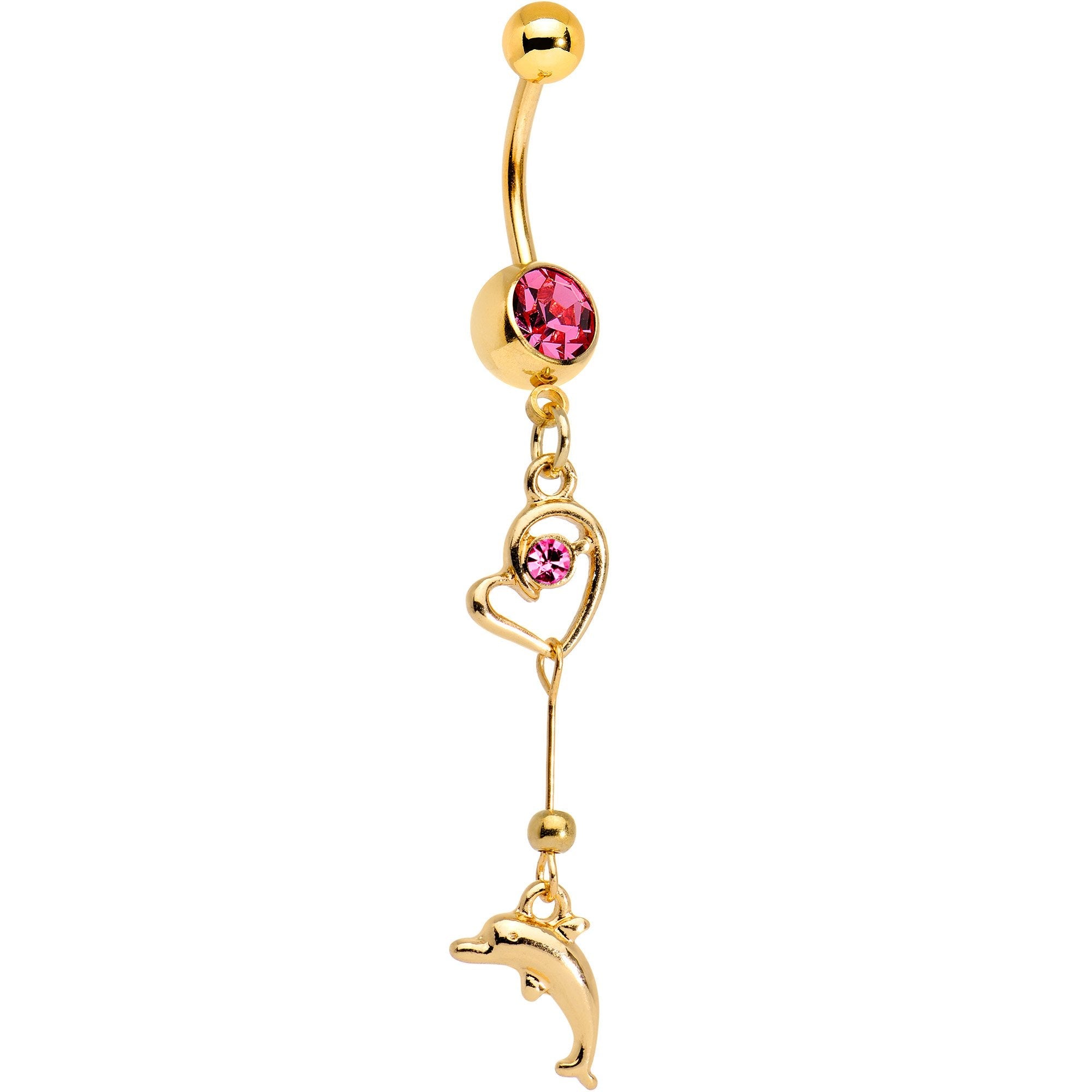 Red Gem Gold Plated Dolphin in Love Dangle Belly Ring