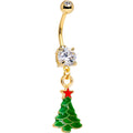 Clear Gem Gold Tone Anodized Christmas Tree Star Dangle Belly Ring