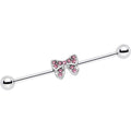 14G Pink Gem Knotted Bow Industrial Barbell 35mm