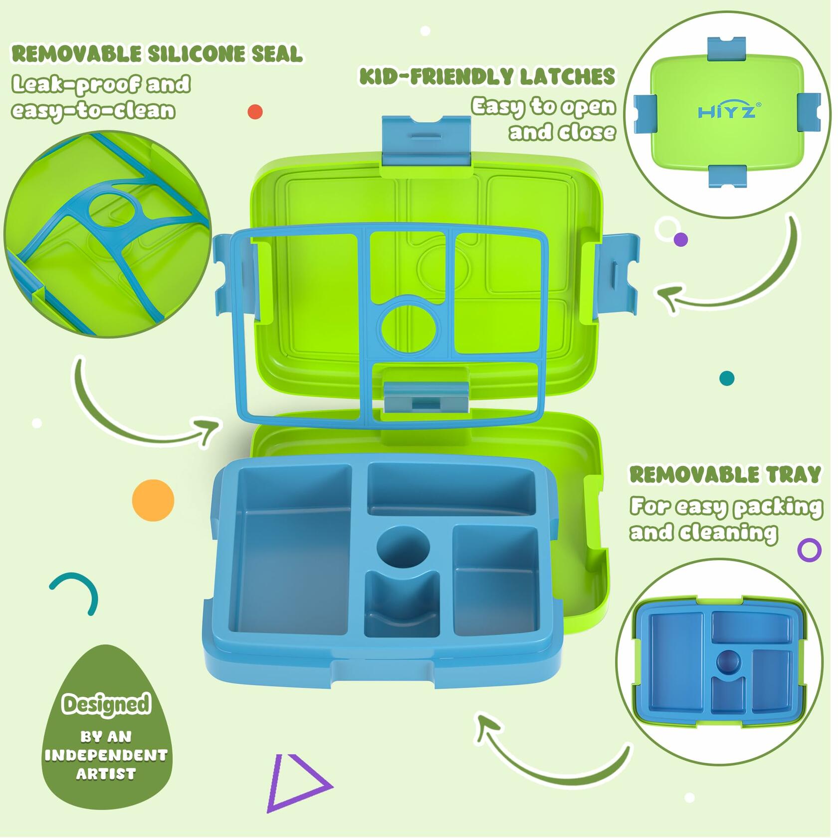 HiYZ Kids Bento Lunch Box 5 Compartments Leak-Proof BPA-Free Ages 3-7