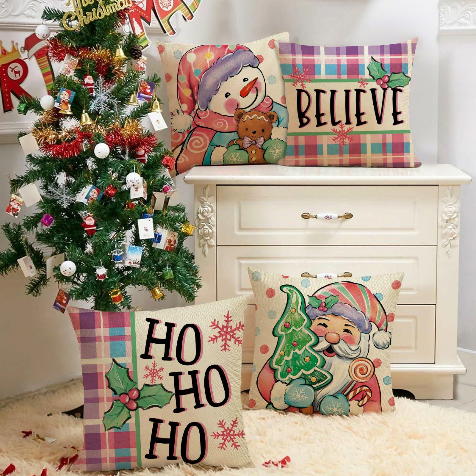 Fjfz Set of 4 Christmas Snowman Santa Pillow Covers 16x16 Plaid Polka Dot