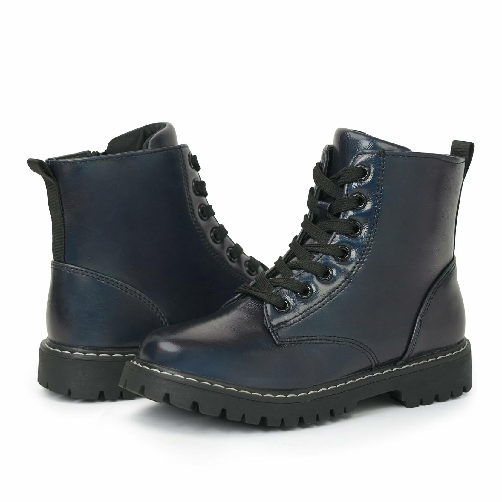 firelli Kids Ankle Boots Navy Side Zipper Lace Up Combat Boots Size 4 US