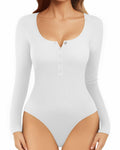 MANGOPOP Long Sleeve Ribbed Bodysuit Tummy Control Henley Scoop Neck Size S