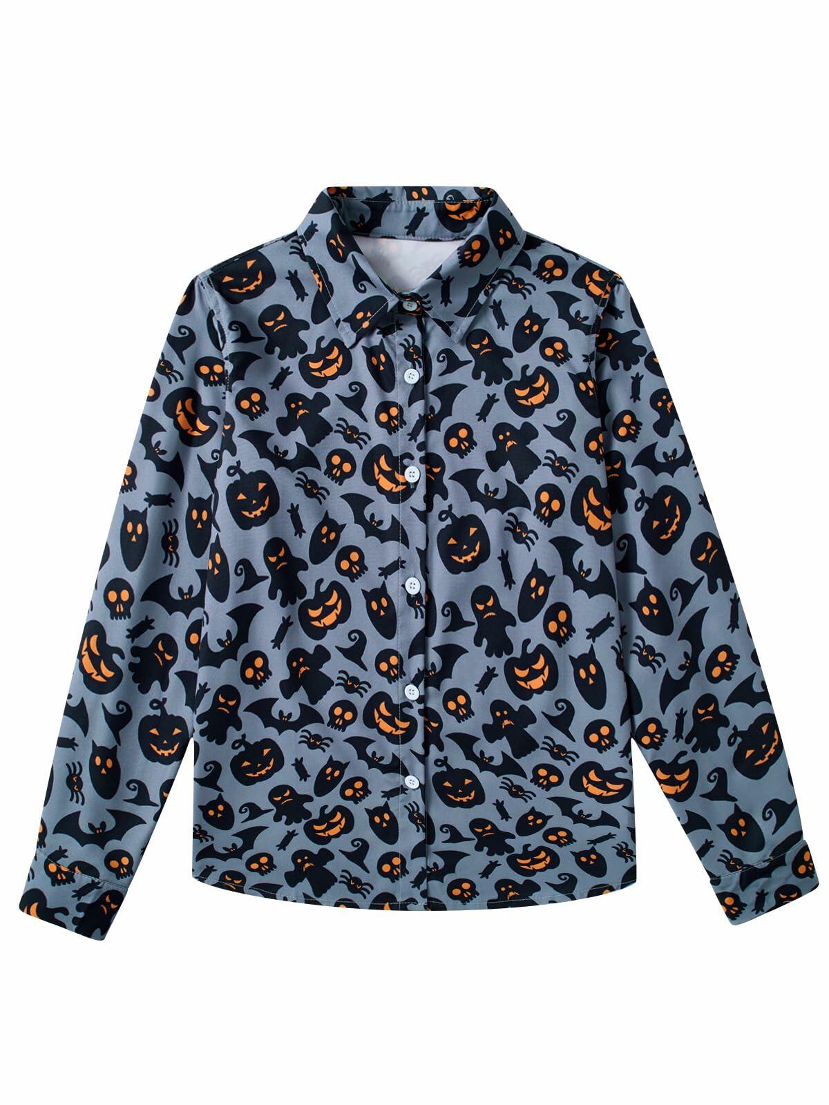 Boys Halloween Ghost Pumpkin Long Sleeve Button-Up Shirt Size 7-8