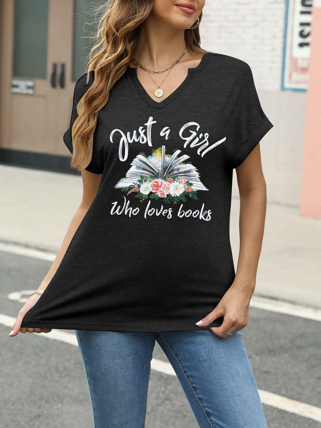 Women Book Lovers Graphic Tee V Neck Short Sleeve Dark Gray Size XL