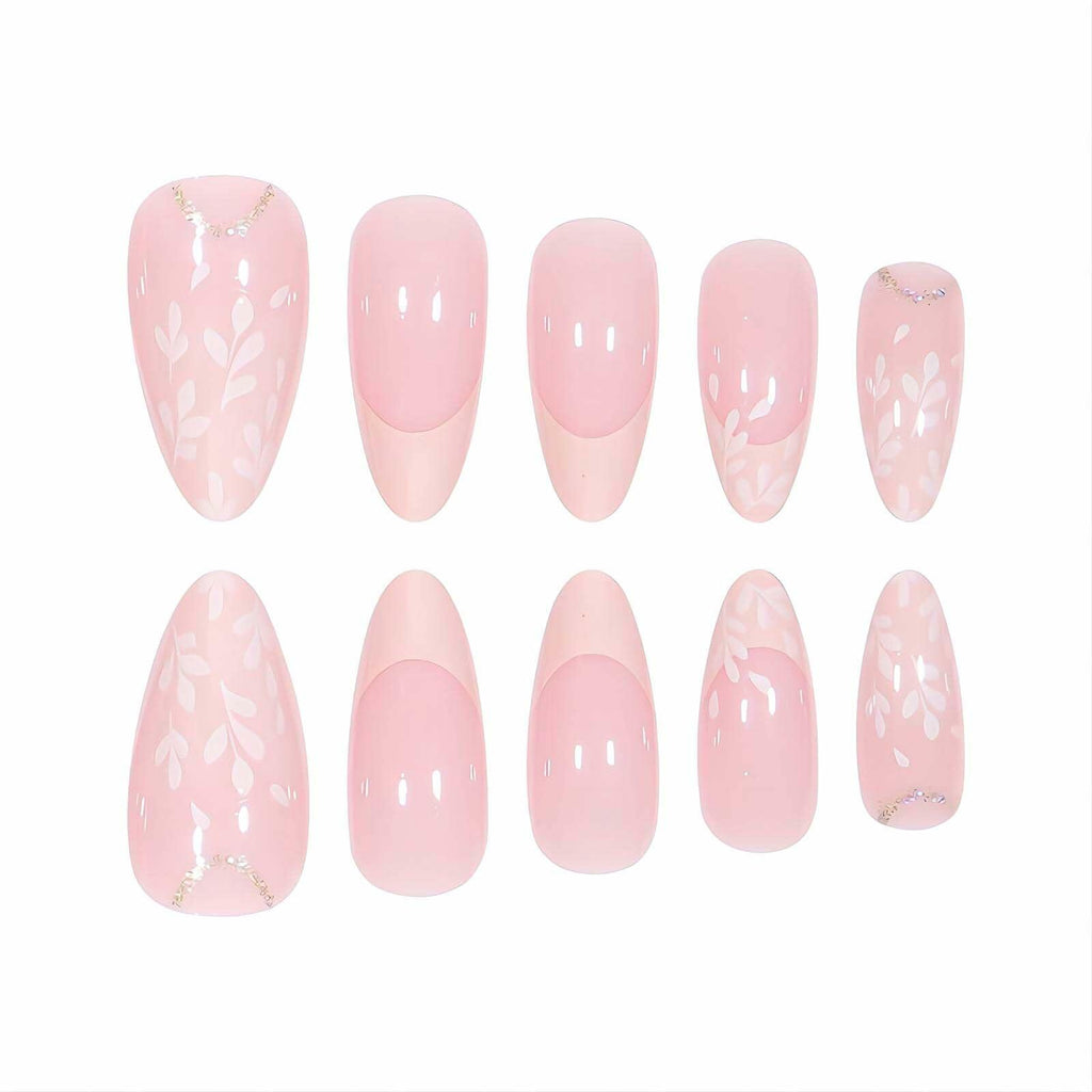 RUOKEXIN Pink Press On Nails Medium Almond French White Tip Glitter Leaves