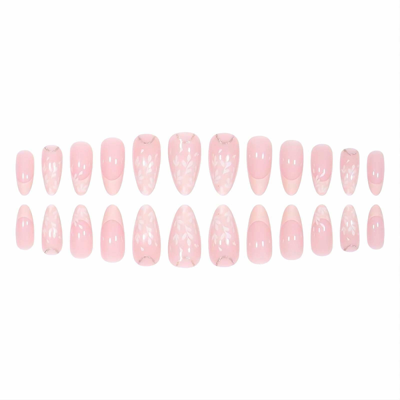 RUOKEXIN Pink Press On Nails Medium Almond French White Tip Glitter Leaves