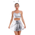 Alien Costume Women Metallic Crop Top Skirt Headband Silver Size 2XL