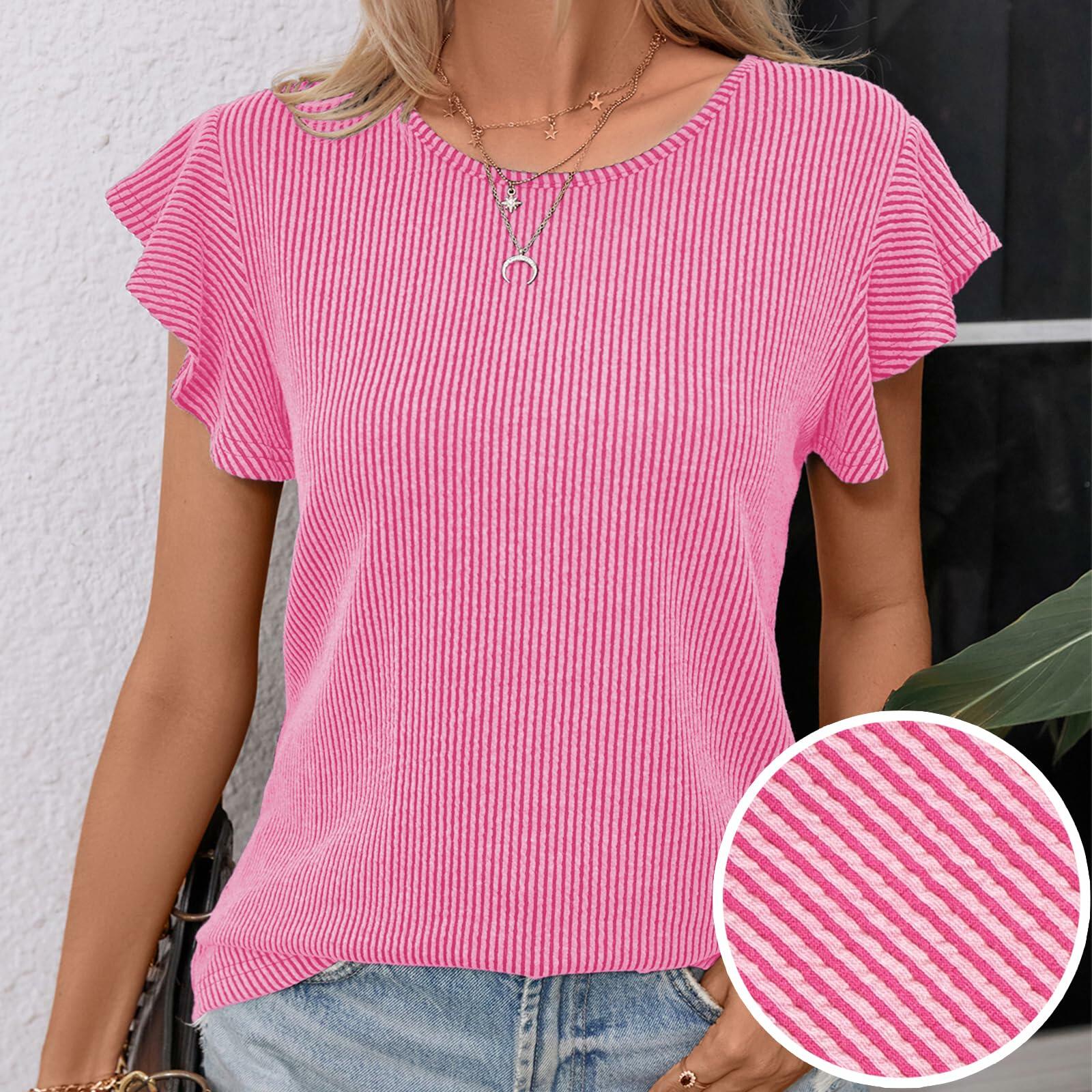 levaca Womens Ribbed Ruffle Short Sleeve Top Blue Size L