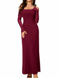 Colysmo Women Long Sleeve Mesh Off Shoulder Bodycon Maxi Dress Burgundy Size L