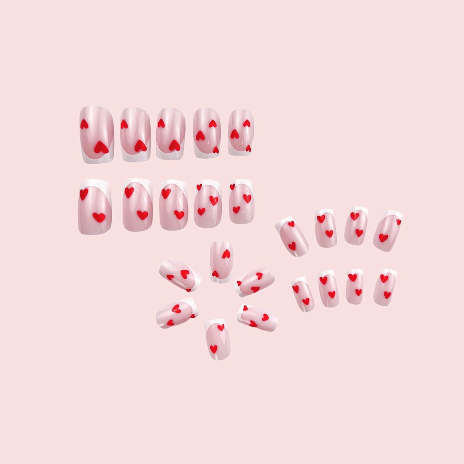 RIICFDD Heart Press On Nails Medium Square Glossy French Tip 72Pcs