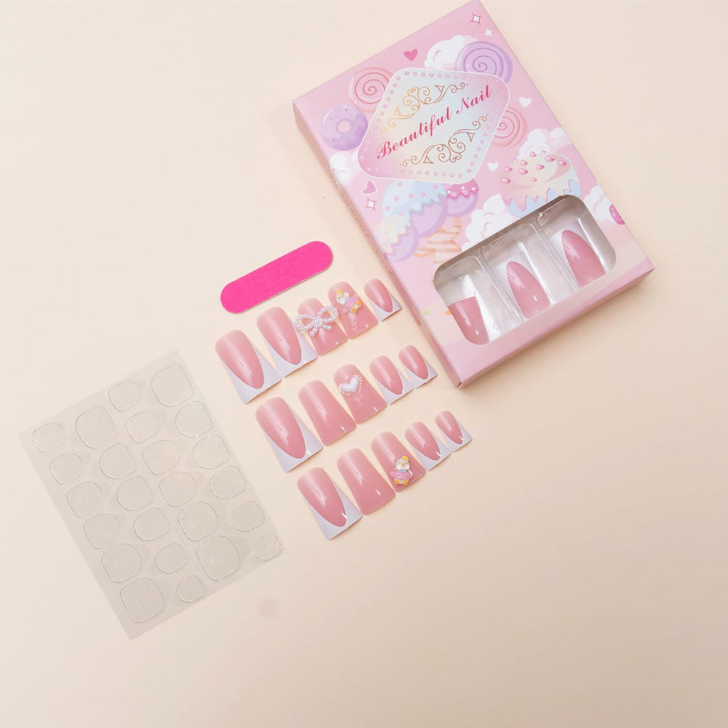 RIICFDD Press On Nails Medium Pink Duck Bow Butterfly 24 Pcs