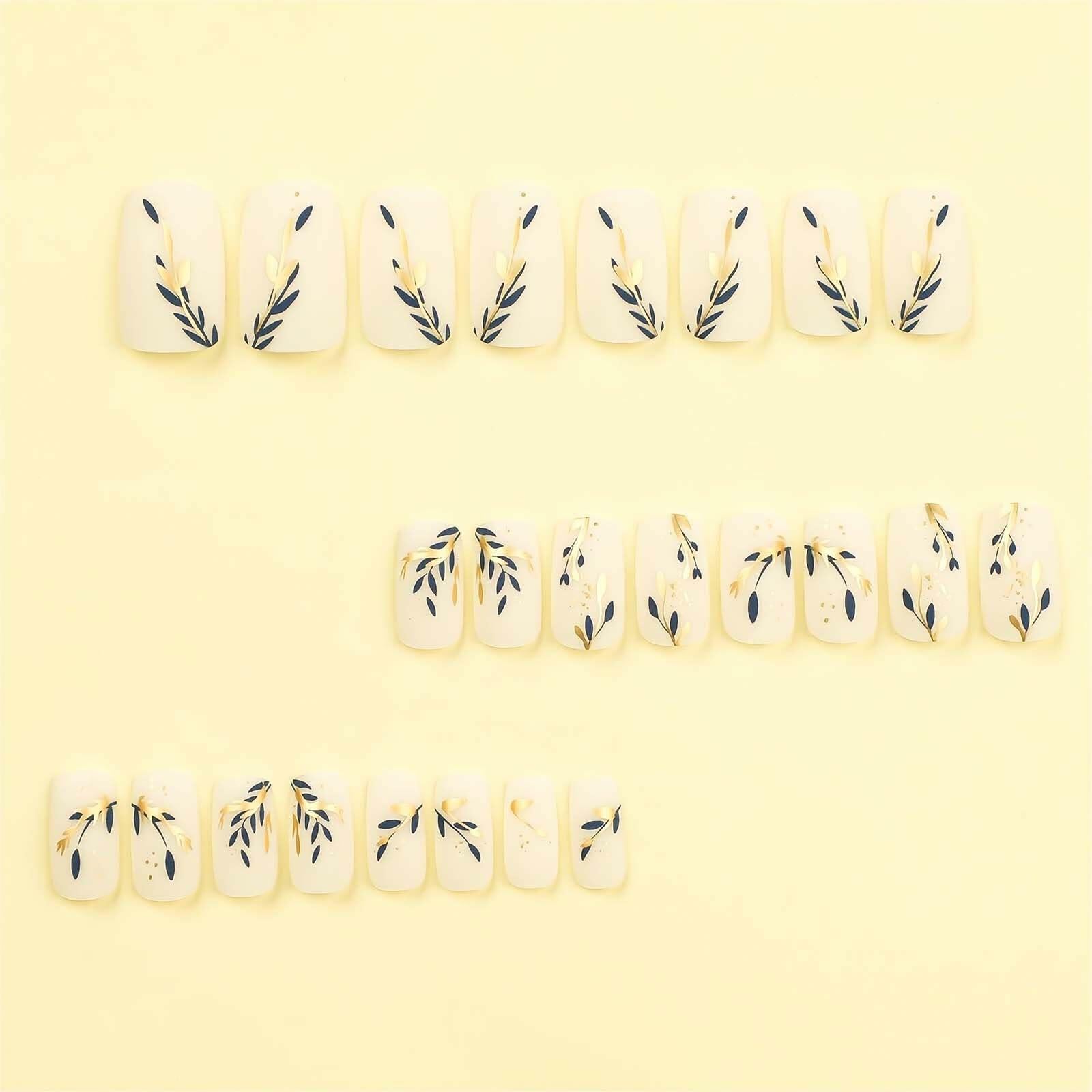 RUOKEXIN Acrylic Coffin Nails 24Pcs Red Blue Flower Gold Rhinestones Glossy