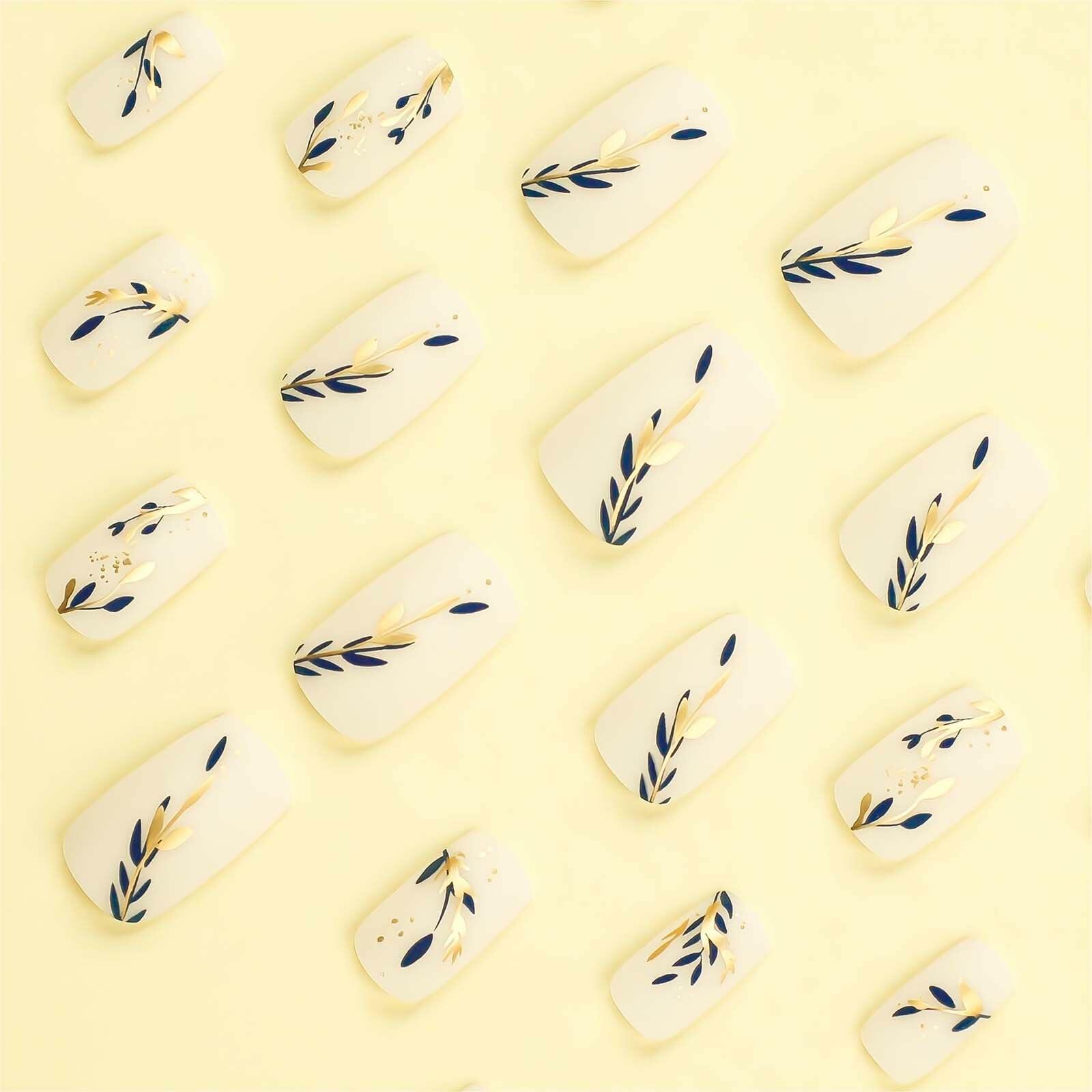 RUOKEXIN Acrylic Coffin Nails 24Pcs Red Blue Flower Gold Rhinestones Glossy