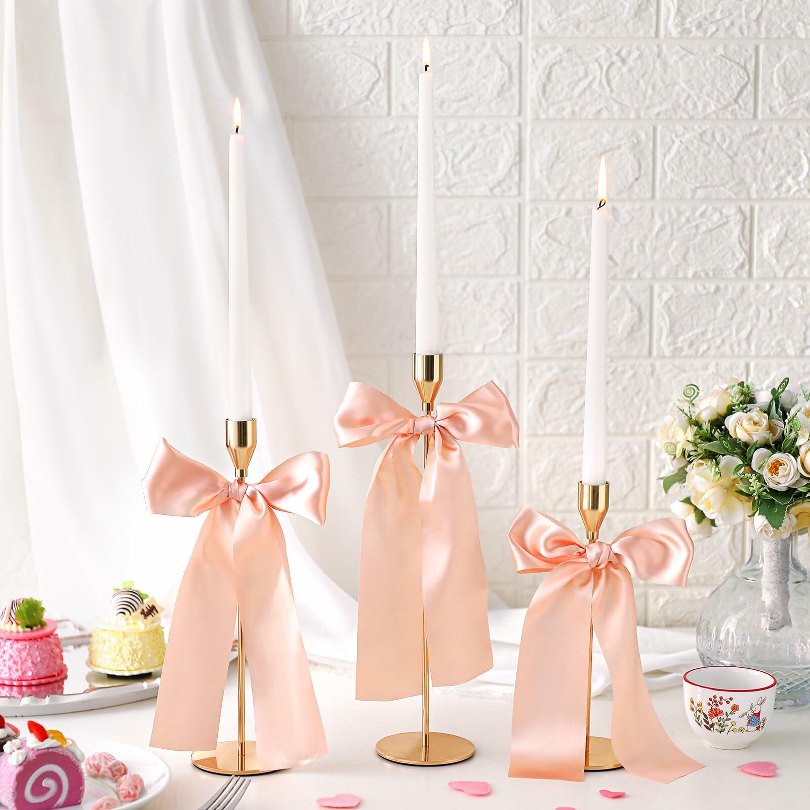 Mumufy 6 Set Gold Metal Taper Candlestick Holders Pink Satin Bow