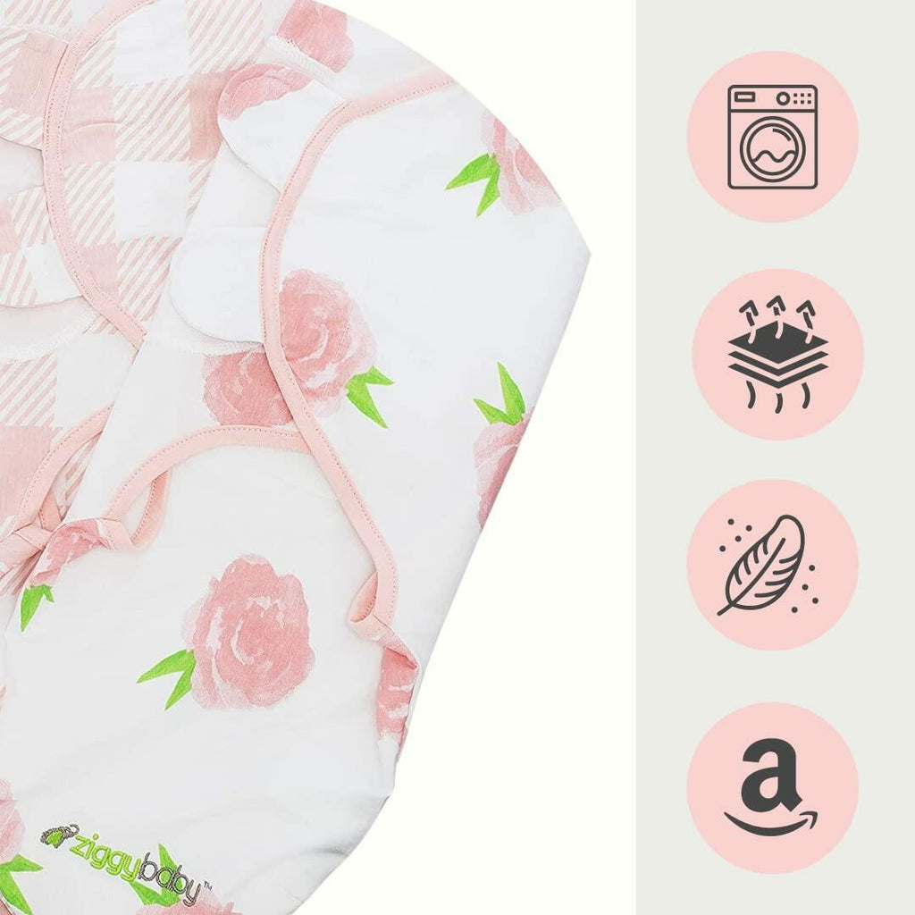 Ziggy Baby Swaddle Blanket Adjustable Wrap 3Pack Pink Peony Heart Plaid Size S/M