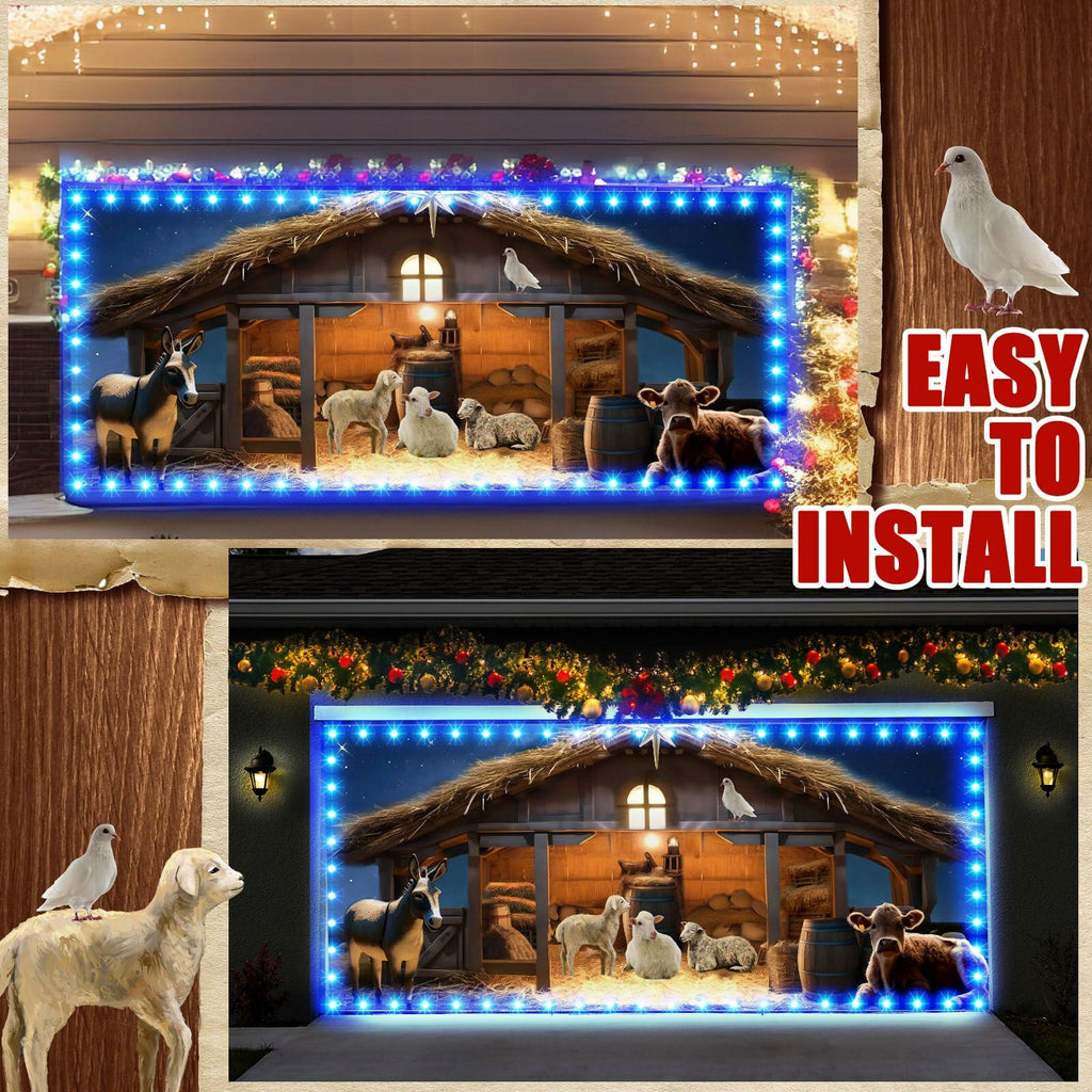 Ganeen 6.4x16ft LED Christmas Garage Door Banner Rustic Nativity Farm