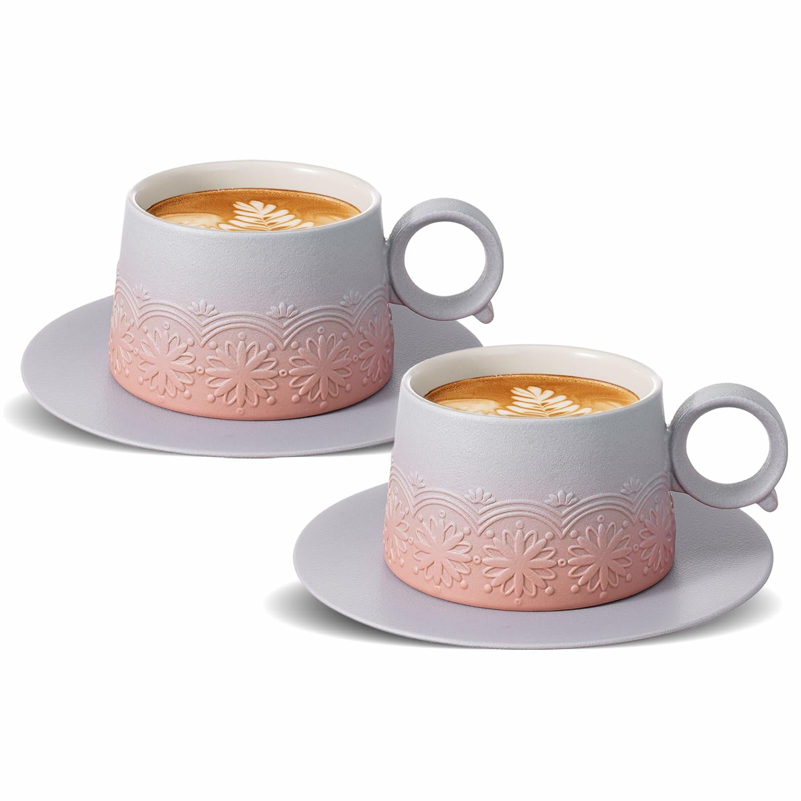 ZENS Ceramic Cappuccino Cups Set 2 Grey Pink 7.3oz Embossed Ceramic