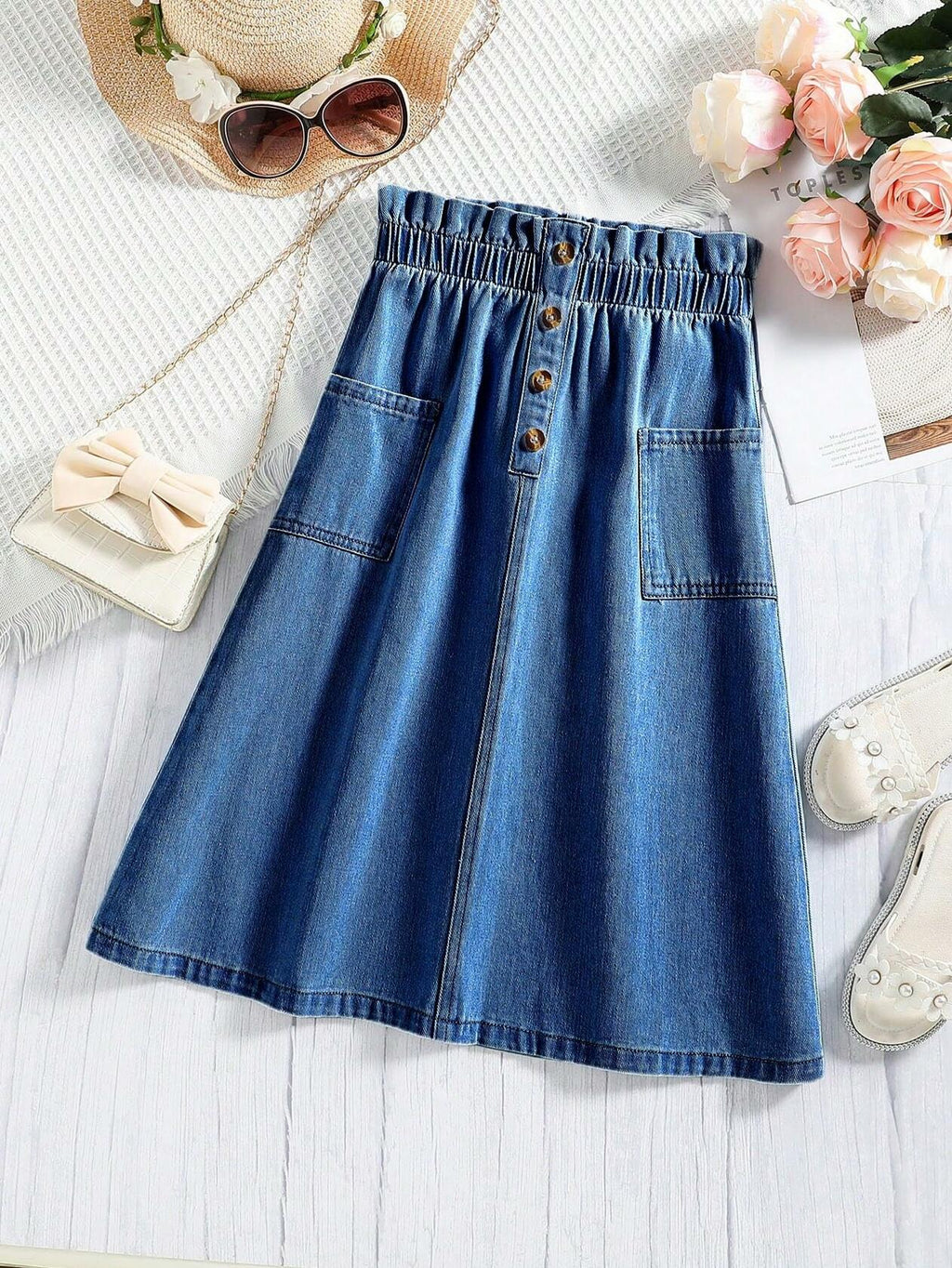 COZYEASE Girls Paperbag High Waist A Line Denim Skirt Dark Wash Size 11-12Y