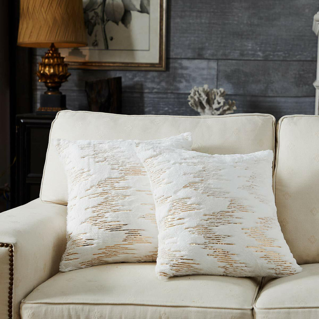 Throw Pillow Covers 18x18in Set of 2 White Fur Gold Embroidered Sequins