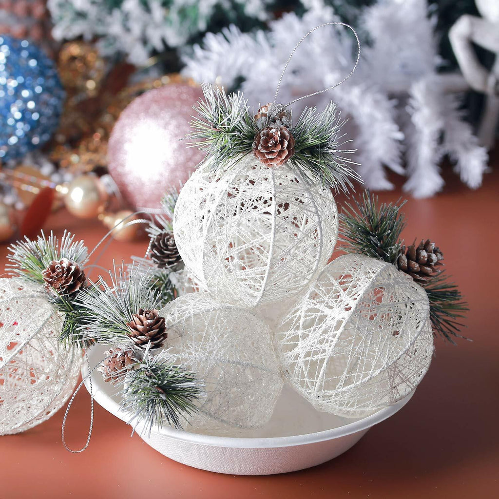 [Like New] Christmas Ball Ornaments 4pc Set White Pinecone Rattan Thread String 4.7"