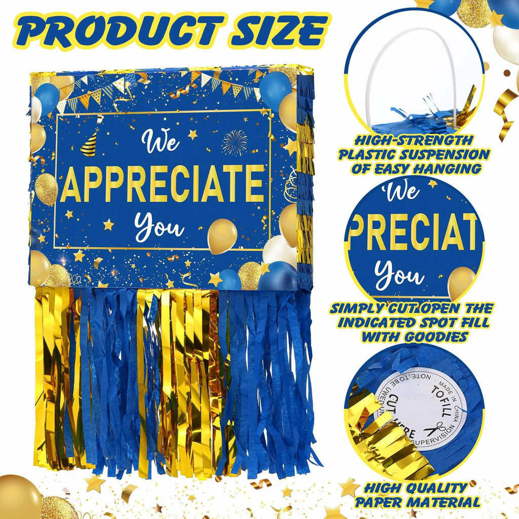 [Like New] Poen We Appreciate You Piñata with Stick Blindfold Blue Gold Confetti 16x12 Inch