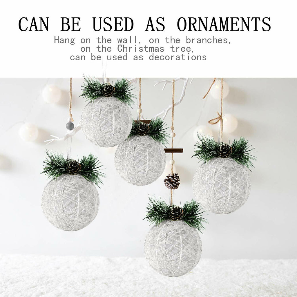 Christmas Ball Ornaments 4pc Set White Pinecone Rattan Thread String 4.7"