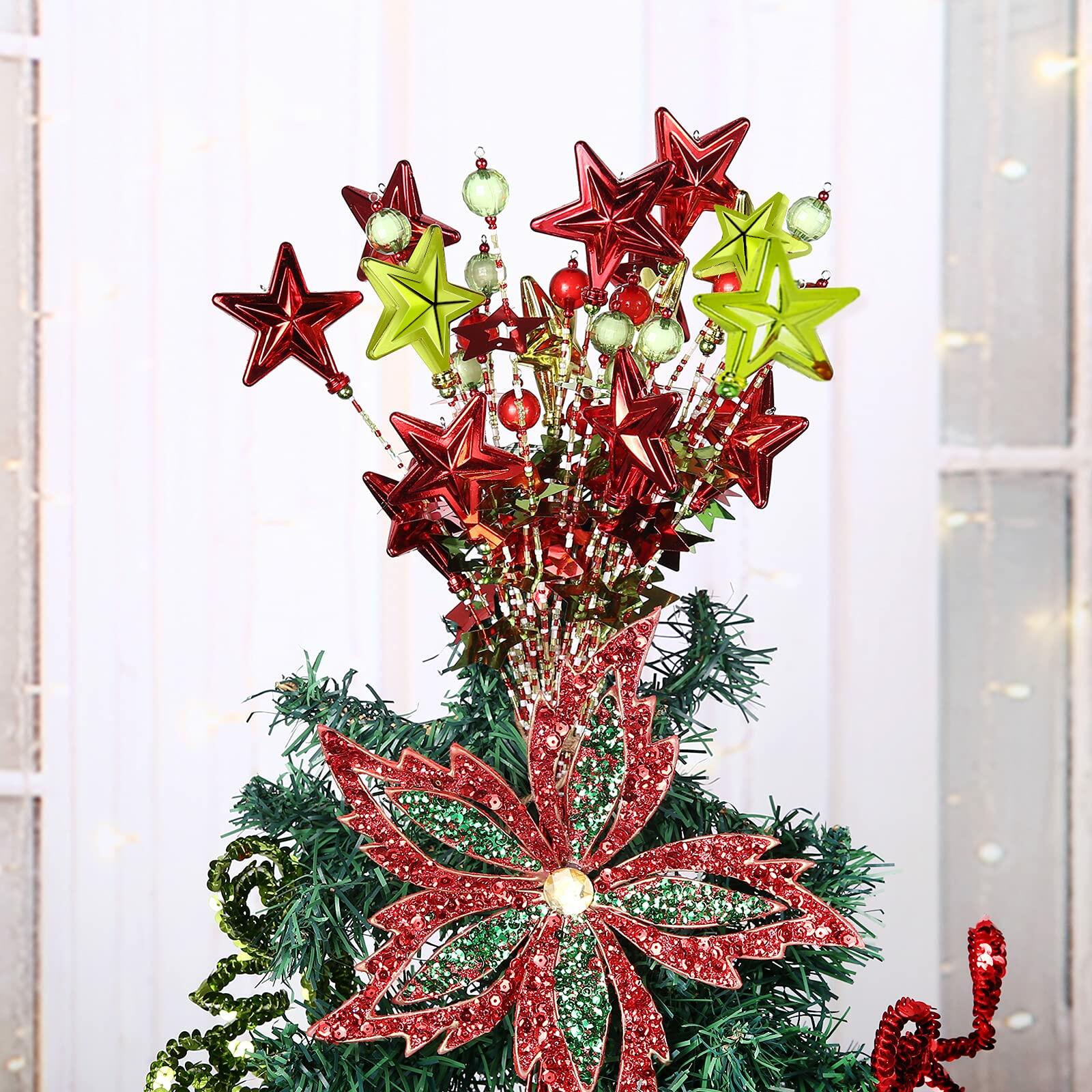[Like_new] 17" Red Green White Christmas Tree Topper Star Beads Sequin Electroplating