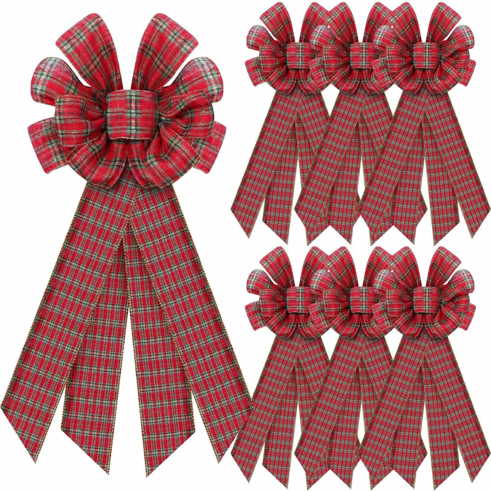 Yinkin 4 Pcs 15x44in Buffalo Plaid Christmas Wreath Bows Red Black
