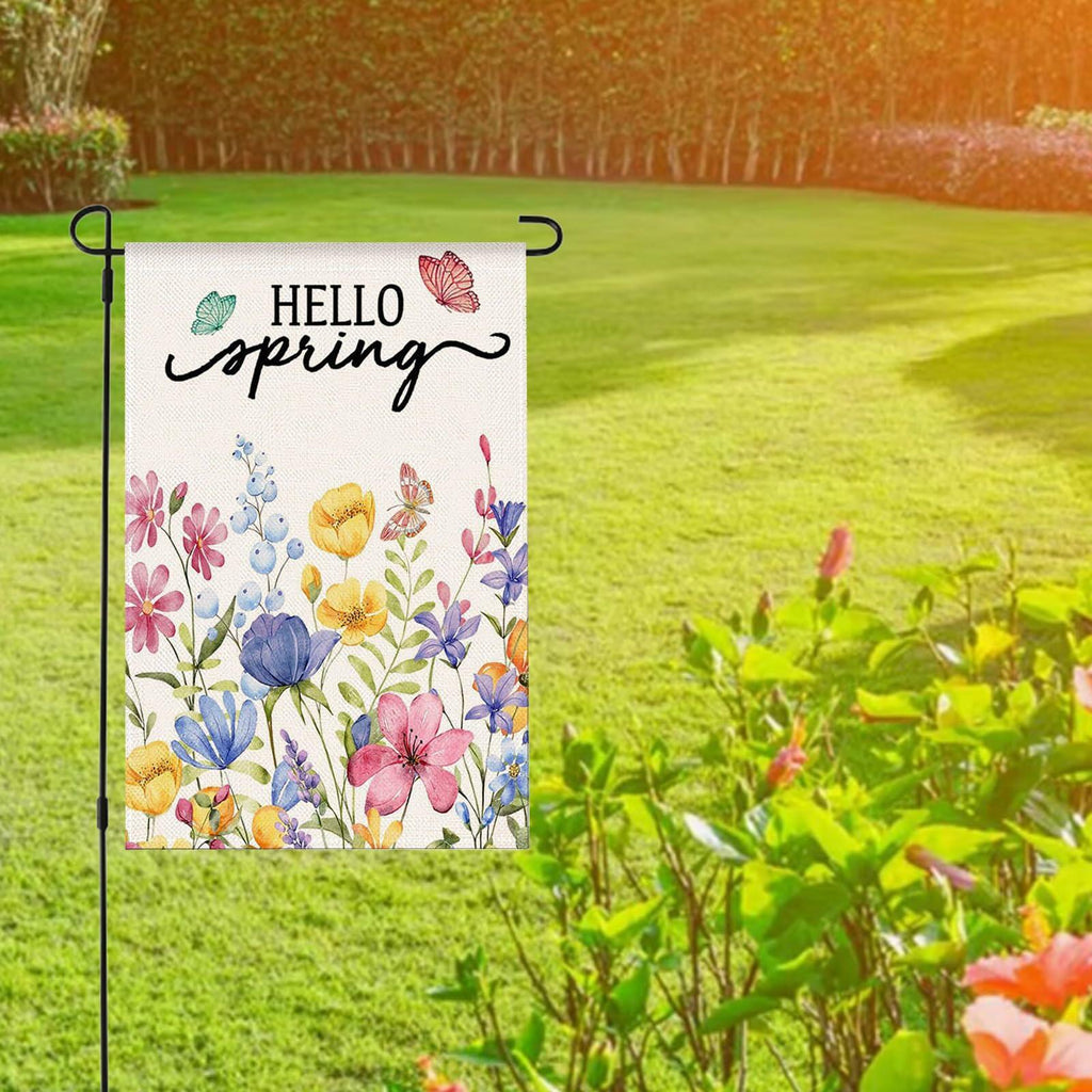 ZRTR Hello Spring Garden Flag 12x18 Inch Double Sided Burlap Floral