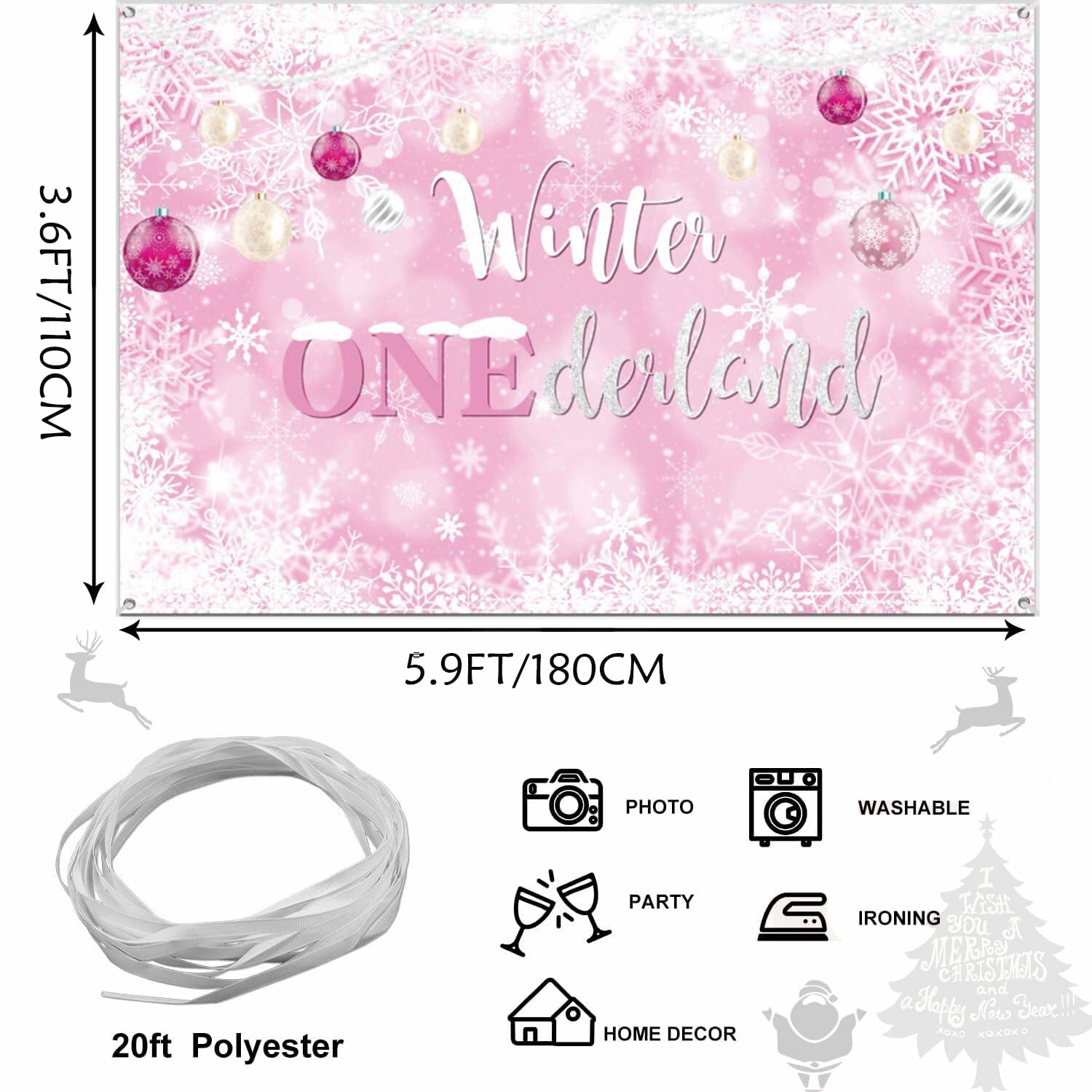 Winter Onederland First Birthday Banner Snowflake Backdrop 70.9x43.3 Pink