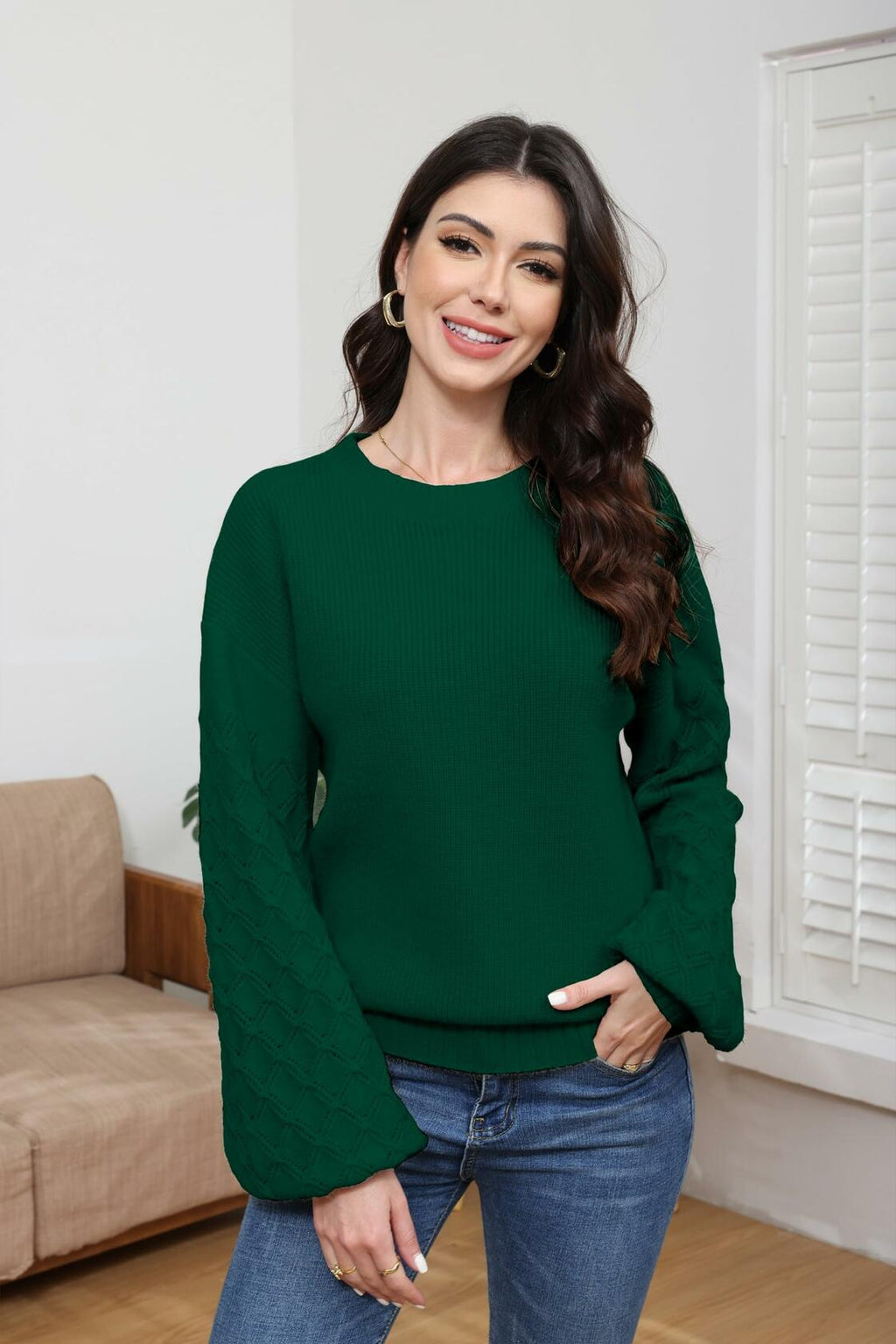 LISILONG Women's Long Sleeve Pullover Sweater Chunky Knit Green L