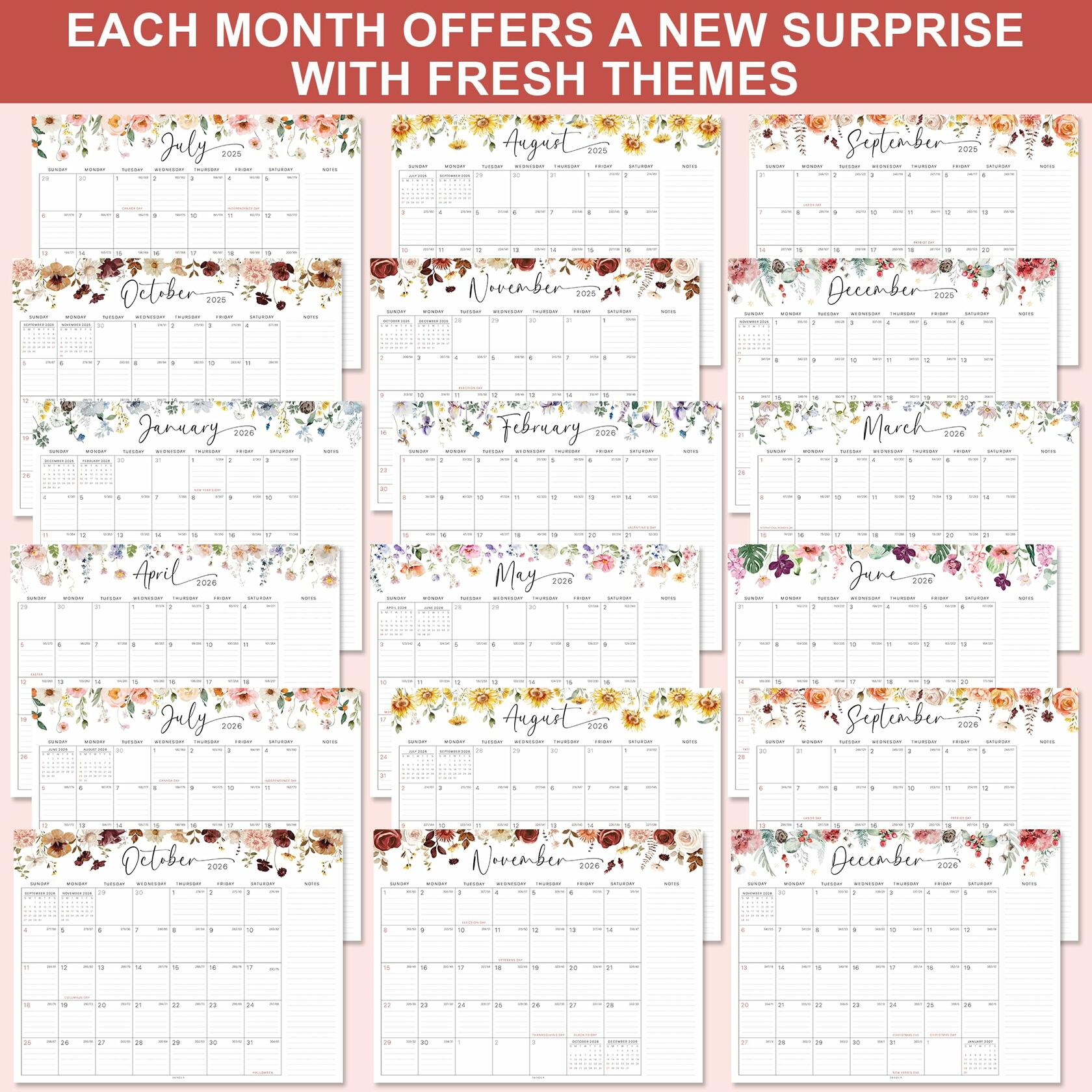 36AQUA Floral Wall Calendar 2025-2026 11x14" 18-Month Thick Paper