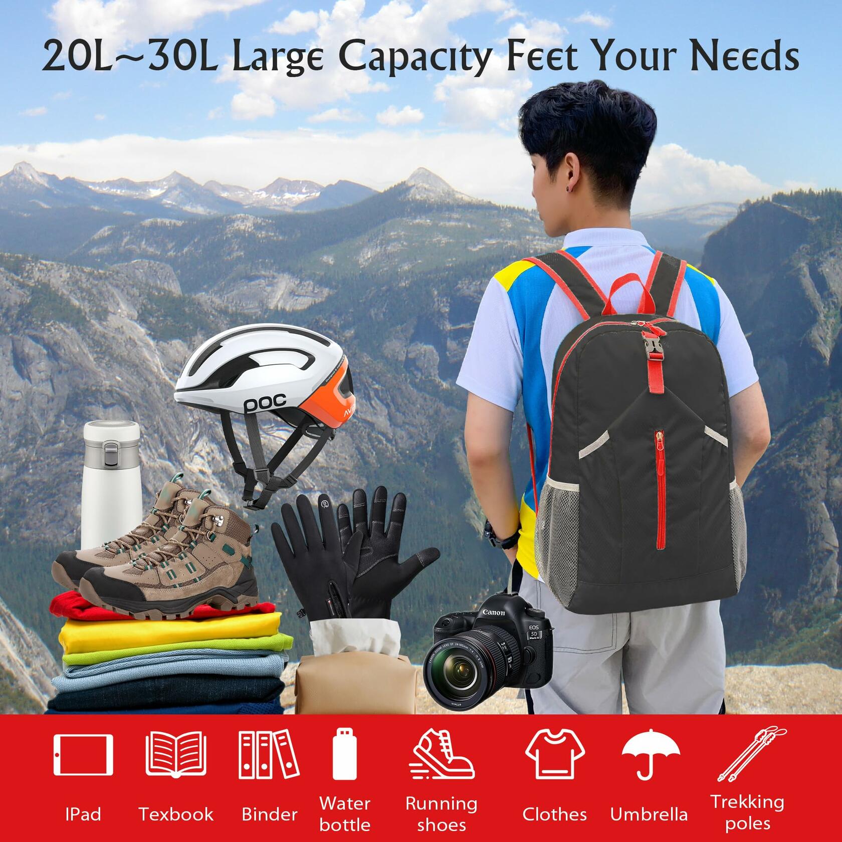 AMO NENES Lightweight Foldable Waterproof Hiking Backpack Black 25-30L