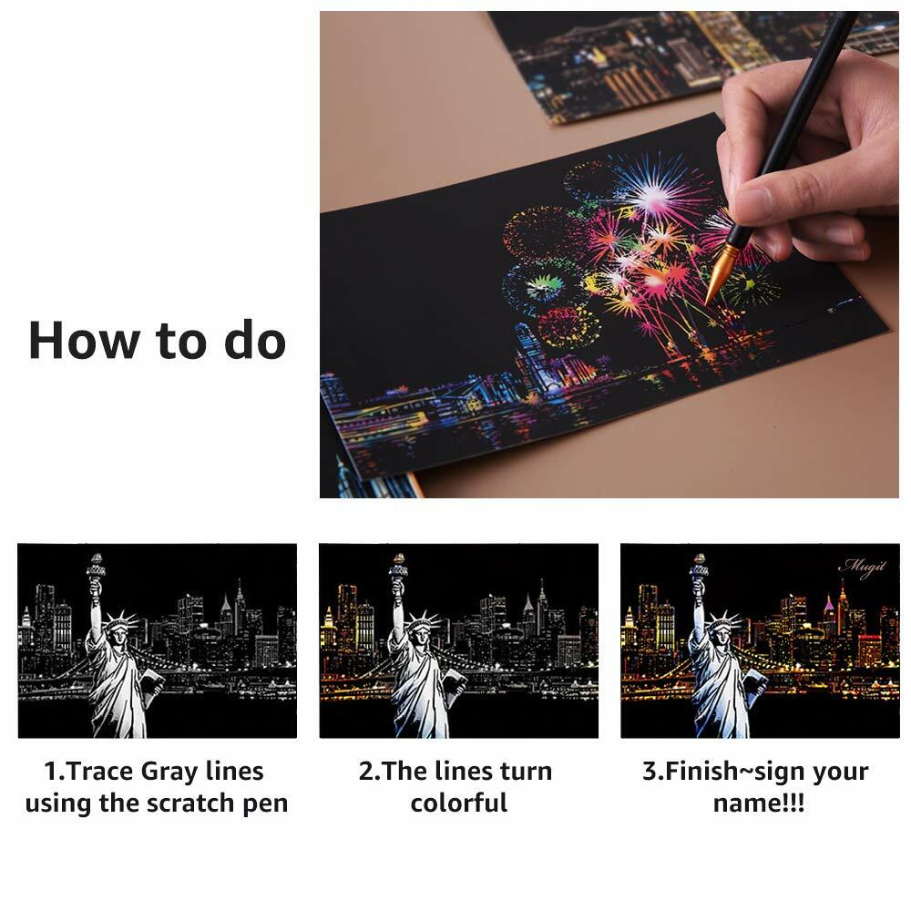 MIASTAR Scratch Art Paper Rainbow Night View Building Series 7.9x5.5 12 Sheets