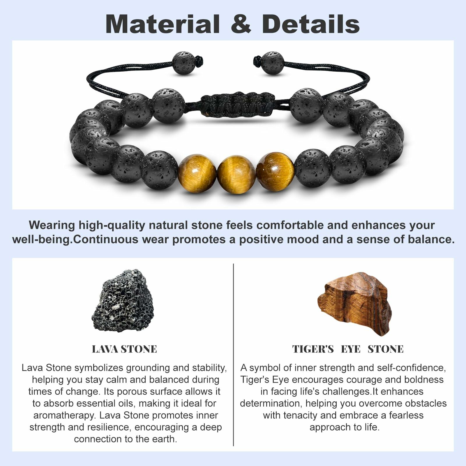 M SHUYUN Tiger Eye Men's Adjustable 8mm Beaded Lava Rock Bracelet