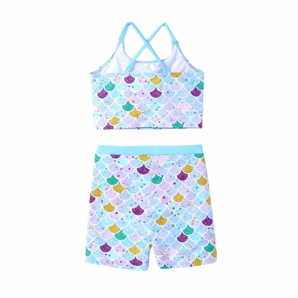 PATPAT Girls 2-Piece Tankini Swimsuit Set Sky Blue Fish Mermaid Size 6-7