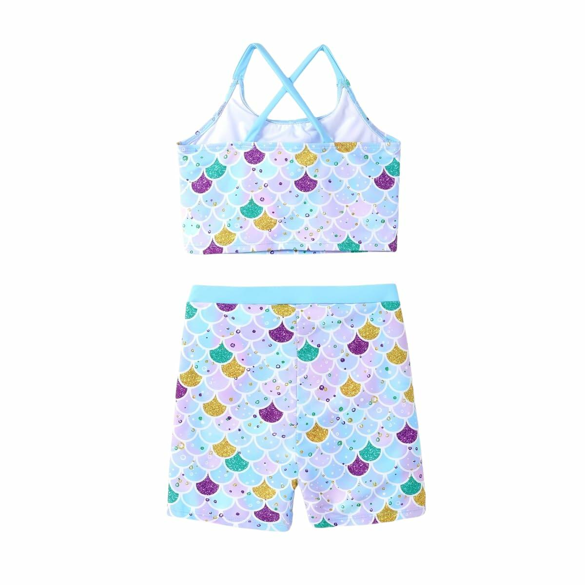 PATPAT Girls 2-Piece Tankini Swimsuit Set Sky Blue Fish Mermaid Size 6-7