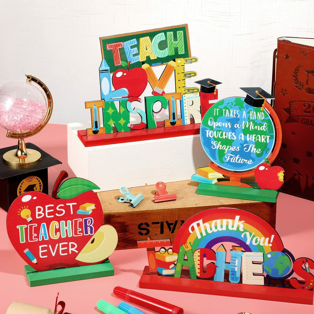 Amyhill 4 Pcs Teacher Appreciation Wooden Table Centerpieces Decorations