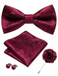 RBOCOTT Red Paisley Bow Tie Pocket Square Lapel Pin Cufflinks Set for Men