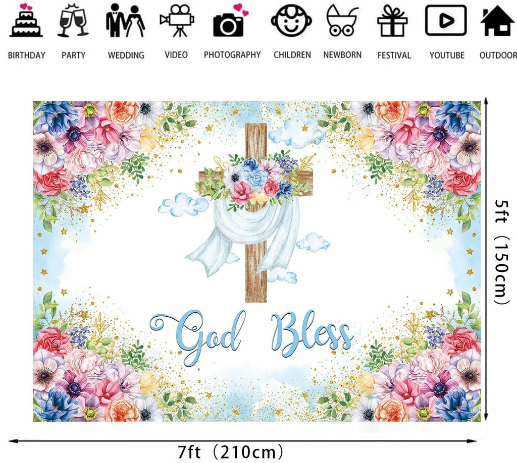 God Bless Backdrop Boy Blue Floral Baptism Party Decoration 7x5FT