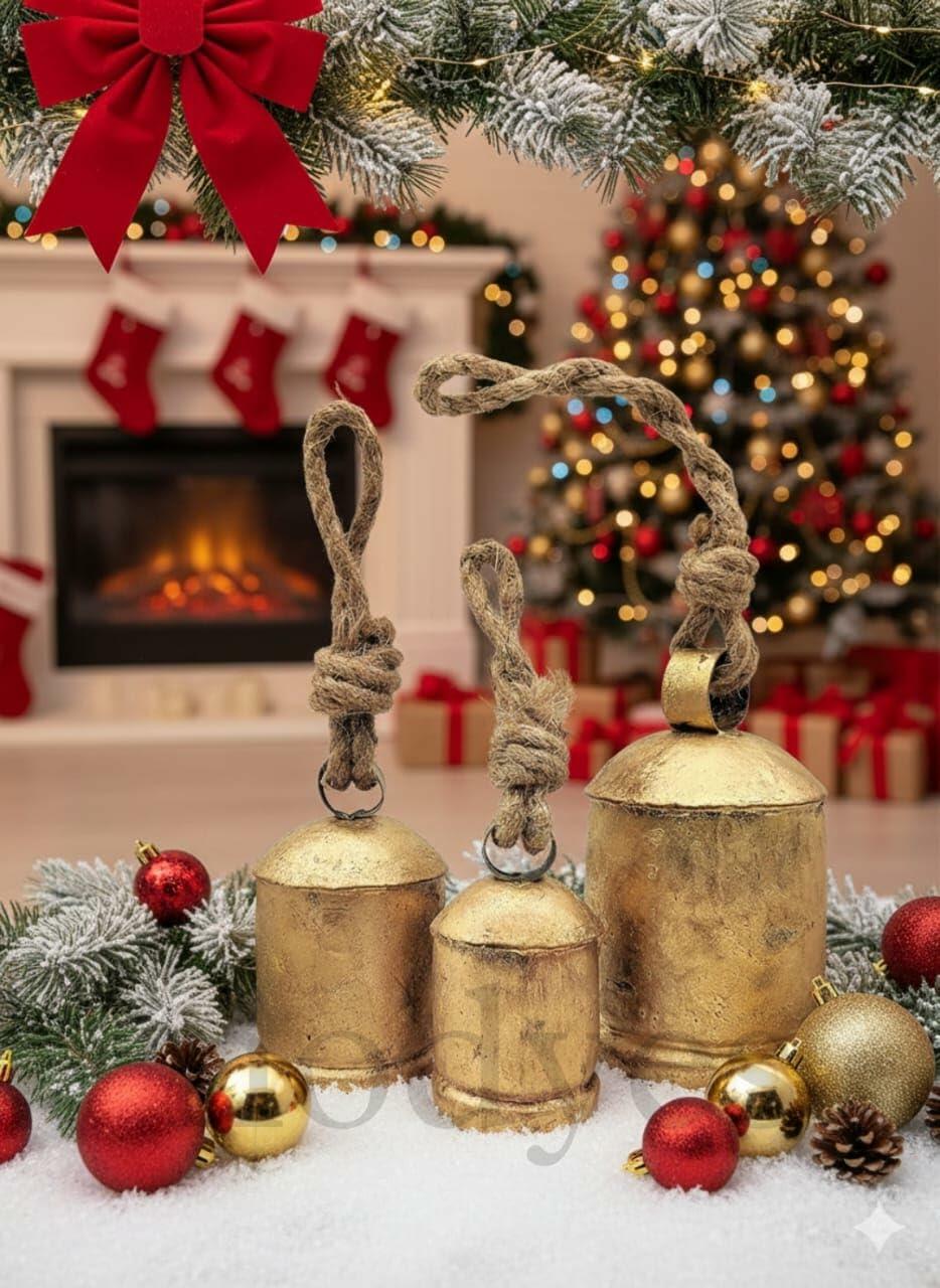 [Like New] NODYES Set of 3 Giant Rustic Harmony Bells 17in Gold Handmade Metal