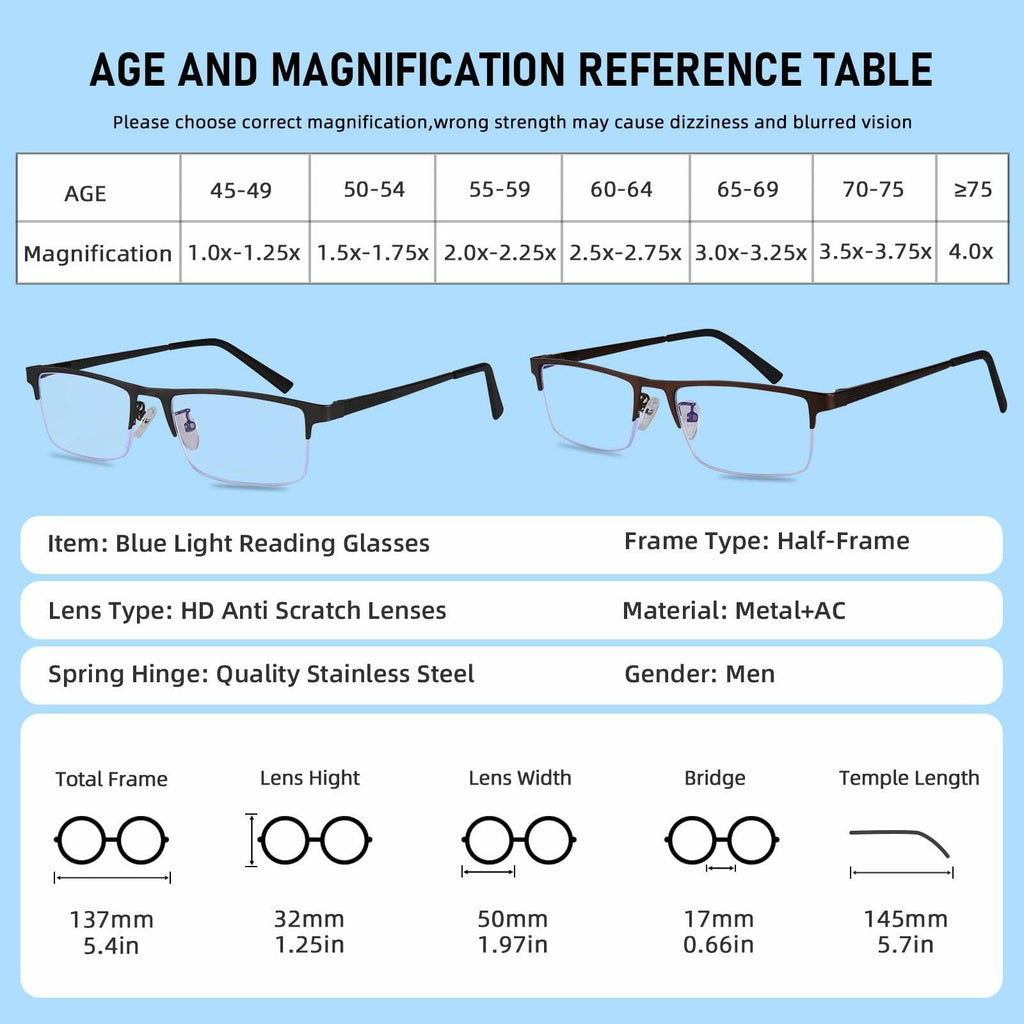 Anourney 3-Pack Men’s Reading Glasses Half Frame Blue Light +3.0 Gray/Black