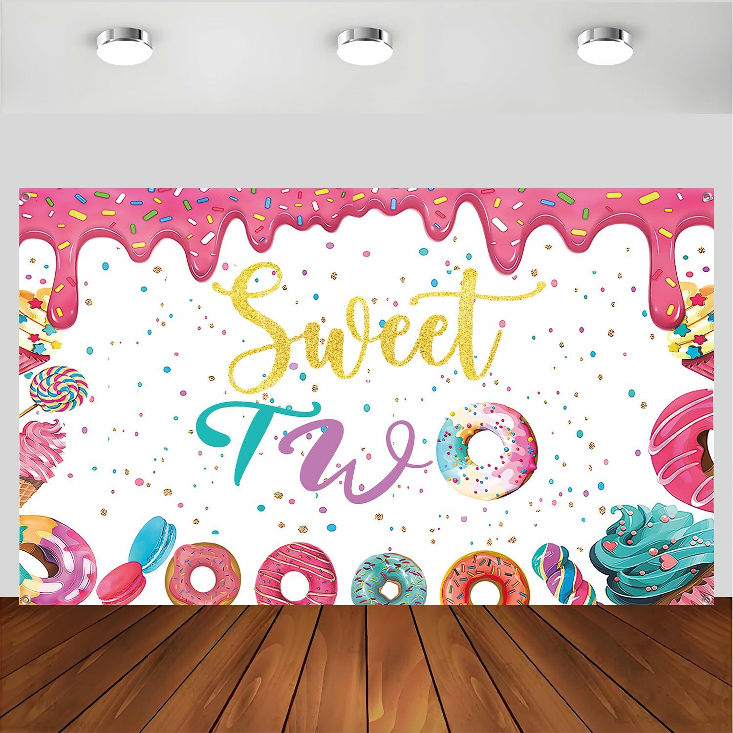 xuanflyF Donut Sweet Two Birthday Party Backdrop Banner 5x3ft Pink Cotton