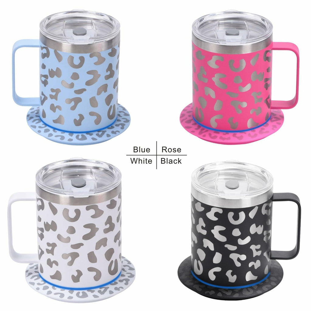 DEQIANG Heated Coffee Mug 12oz USB Powered 304 Stainless Steel Black Leopard