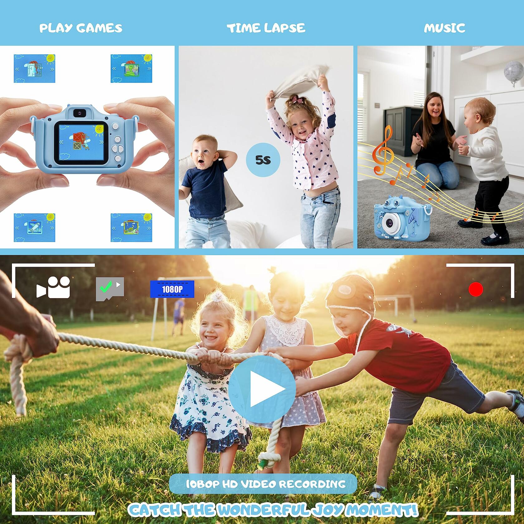 iMisH Kids Camera 1080p Video 1000mAh Battery 32GB TF Card Shockproof Blue