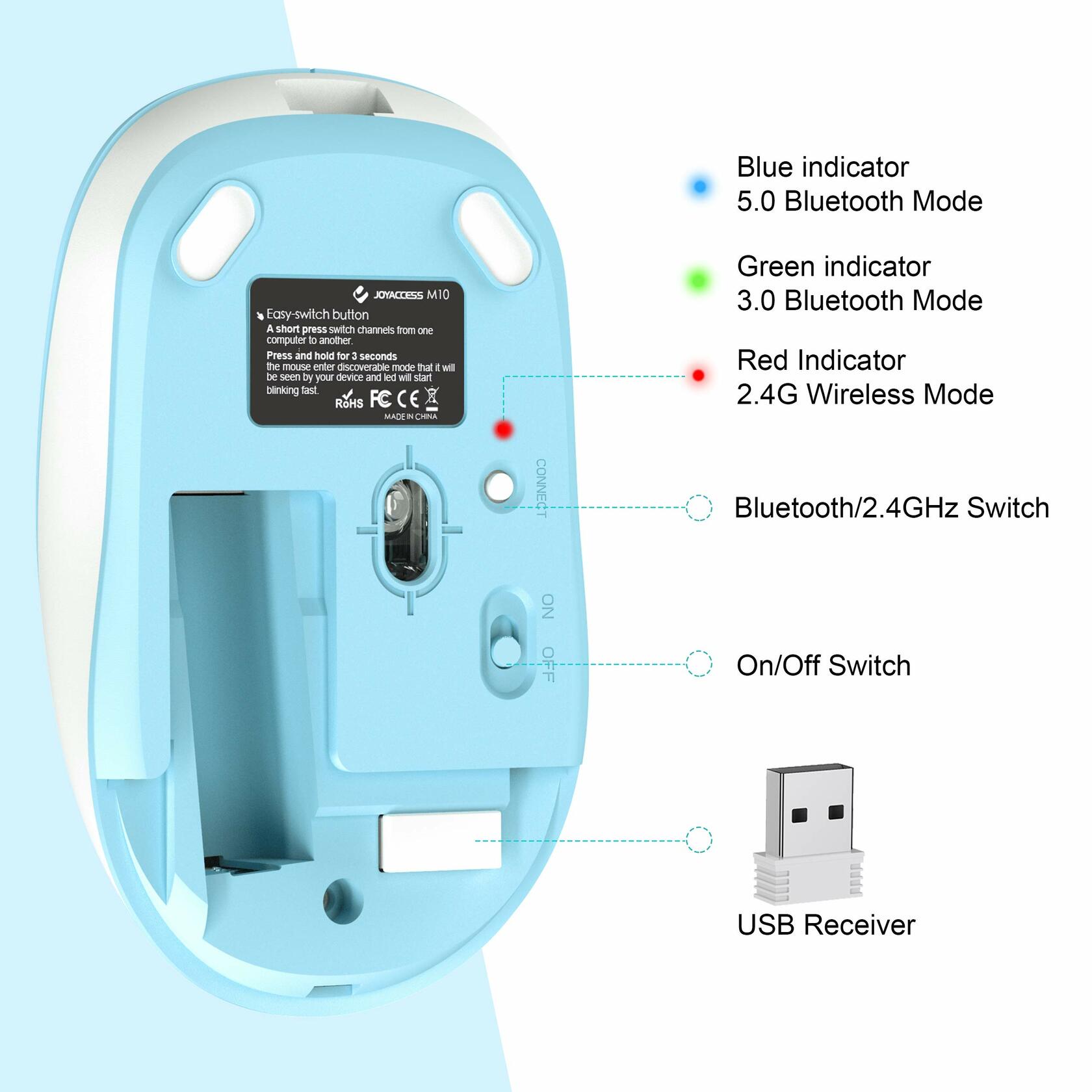 JOYACCESS Bluetooth 2.4G Wireless Mouse Dual Mode USB Blue