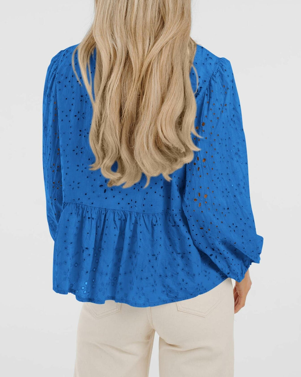 KIRUNDO Babydoll Long Sleeve Tie Front Eyelet Top Blue Size L
