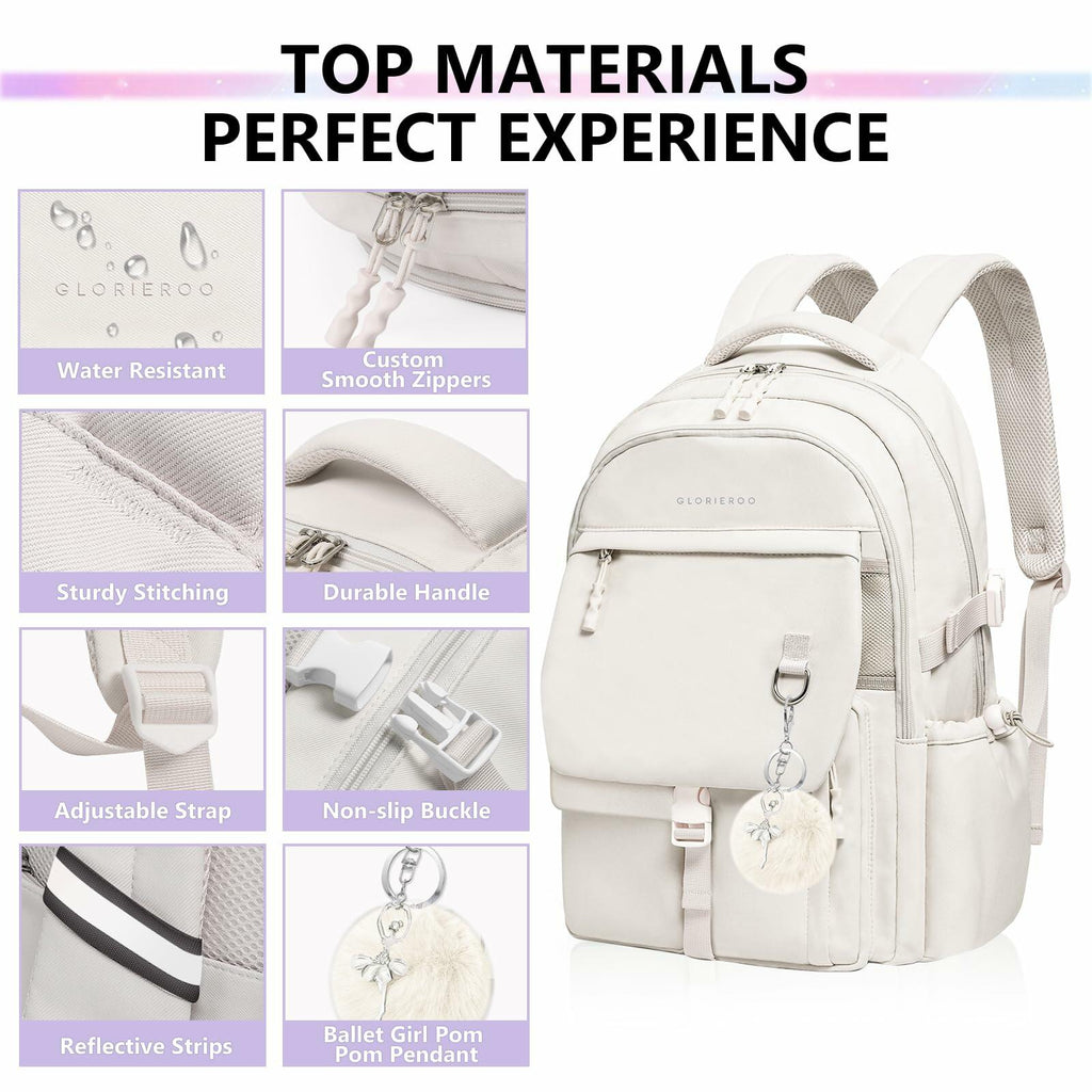 GLORIEROO Kids Backpack Girls 15.6" Laptop Compartment Beige White
